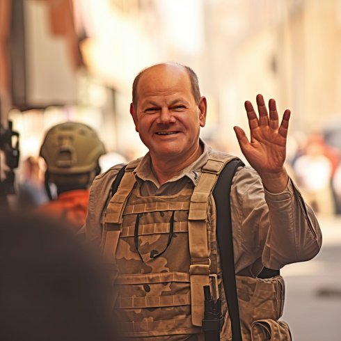 Das von dem KI-Bildgenerator Midjourney erstellte Bild zeigt Olaf Scholz, der eine Militärweste trägt und in die Kamera winkt.