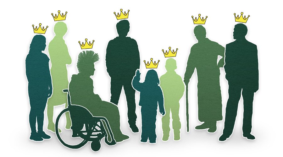 Zeichnung: Verschiedene Menschen, die alle eine Krone tragen, die sinnbildlich dafür steht, dass sie alle vor dem Gesetz gleich und gleich wertvoll sind. Durch Klick auf das Bild wird das Bild vergrößert.