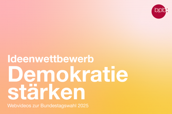 Das Bild zeigt gelb-rosanen Farbhintergrund. In weißen Buchstaben ist zu lesen: Ideenwettbewerb Demokratie stärken. Webvideos zur Bundestagswahl 2025. Oben rechts ist das bpb-Logo platziert.