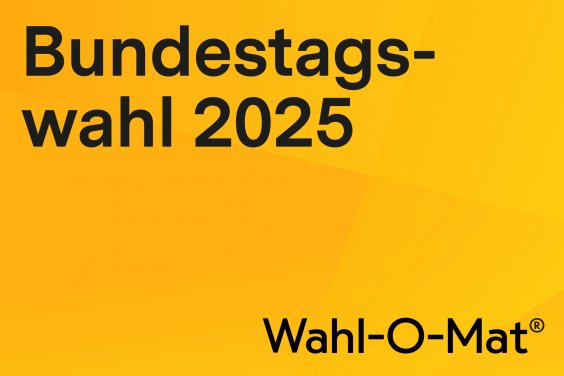 WOM Bundestagswahl 2025 Farbgrafik: Gelber Hintergrund. Oben links steht der schwarze Schriftzug Bundestagswahl fast über die gesamte Bildbreite und direkt darunter die Jahreszahl 2025. Unten rechts steht der schwarze Schriftzug Wahl-O-Mat®.