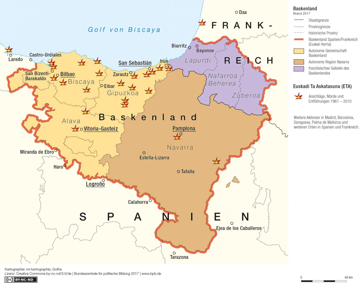 Karte der ETA-Aktionen im Baskenland 1961-2010