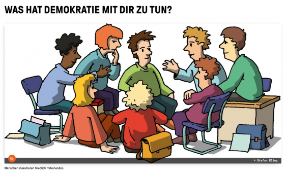 Das Bild zeigt in einer comicartigen Zeichnung eine Personengruppe von 8 Jugendlichen, die zusammen sitzen und diskutieren. Über dieser Zeichnung steht die Frage: "Was hat Demokratie mit dir zu tun?".