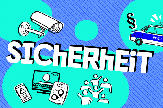 Das Schaubild weist unterschiedliche Elemente auf, wie den Begriff Sicherheit (aus großen und kleinen Buchstaben), ein Polizeiauto, einen Paragrafen, eine Menschengruppe, eine Überwachungskamera und einen Fernseher, eine Zeitung und ein Handy mit Eilnachrichten. 