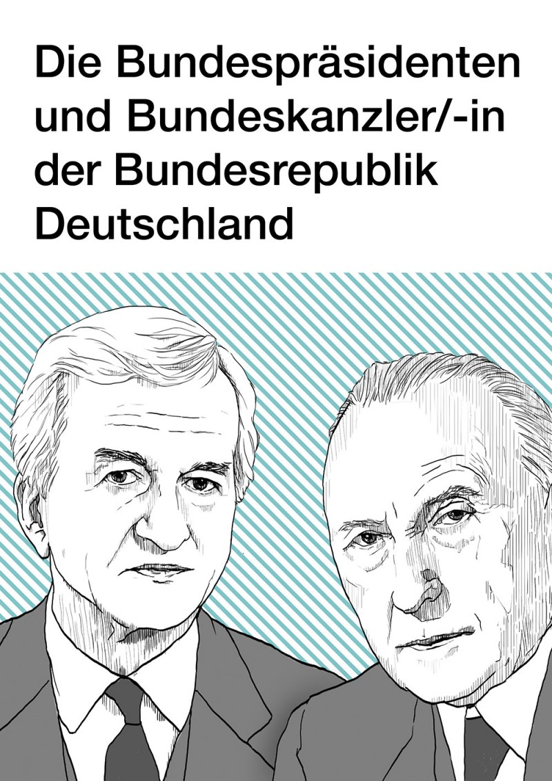 Auf dem Bild sieht man oben die Schrift in schwarz auf weiß Die Bundespräsidenten und Bundeskanzler/-in der Bundesrepublik Deutschland. Darunter sieht man die gezeichneten Porträts von Richard von Weizsäcker und Konrad Adenauer auf blau-weiß gestreiftem Hintergrund.