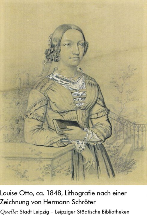 Bei der Abbildung handelt es sich um ein lithografisches Porträt der jungen Louise Otto, die, an einen Mauerabsatz gelehnt, ein Buch in der Hand hält und seitlich an den Betrachtenden vorbei in die Ferne blickt.