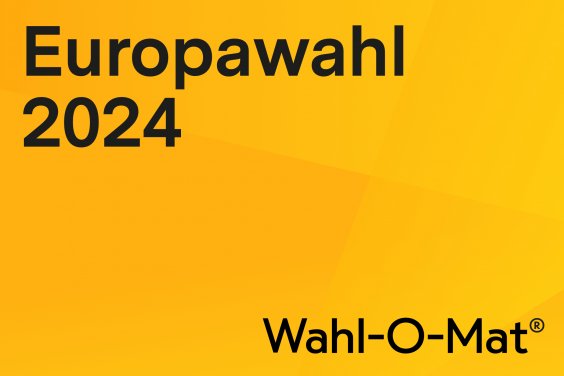 WOM Europawahl 2024 Farbgrafik: Gelber Hintergrund. Oben links steht der schwarze Schriftzug Europawahl 2024. Unten rechts steht der schwarze Schriftzug Wahl-O-Mat®.