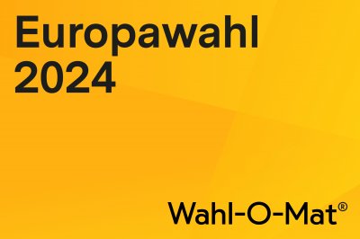Farbgrafik: Gelber Hintergrund. Oben links steht der schwarze Schriftzug Europawahl 2024. Unten rechts steht der schwarze Schriftzug Wahl-O-Mat®.