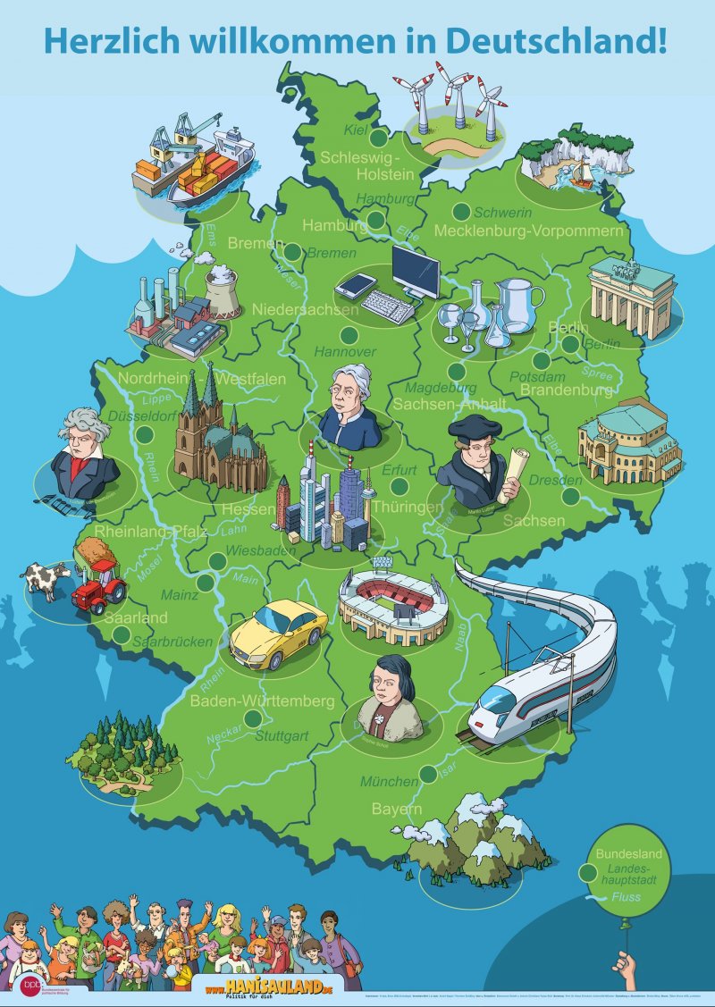 Das Plakat bildet eine Deutschlandkarte ab. Die Stadt, in der die Kinder leben, und das jeweilige Bundesland können ebenfalls handschriftlich eingefügt werden. Auf der Karte sind die Bundesländer mit Hauptstädten und großen Flüssen verzeichnet. Die Karte ist illustriert mit Kulturdenkmälern, historischen Persönlichkeiten und Industrieprodukten.
