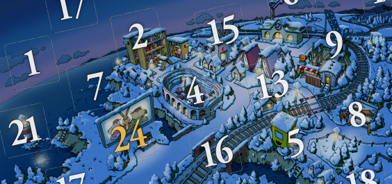 Auf dem Bild ist der HanisauLand-Adventskalender 2022 zu sehen. Zu sehen ist eine Winterlandschaft und die verschiedenen Türchen für die verschiedenen Tage.