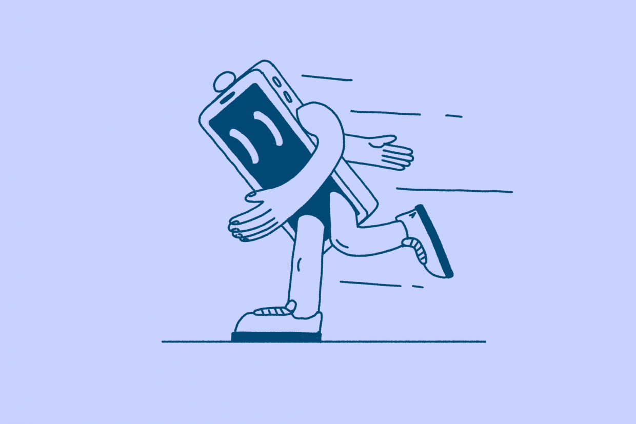 Illustration von einem Handy mit Beinen und Armen. Das Handy läuft vom rechten Bildrand zum linken. Die Illustration ist dunkel-blau. Der Hintergrund ist blau.