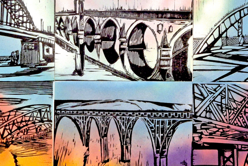 Das Bild zeigt eine Collage von sechs verschiedenen Brücken aus der Region Südosteuropa, die im Linolschnittverfahren erstellt wurden, vor einem farbigen Hintergrund in den Tönen gelb, orange, hellblau und lila.