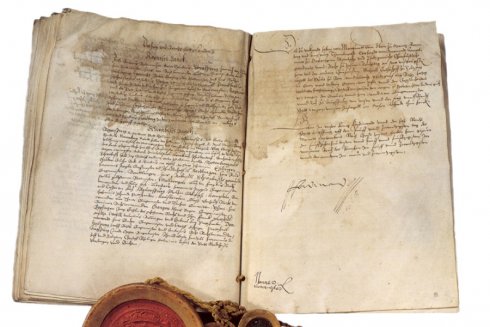 Mit dieser Urkunde wurde am 25. September 1555 in Augsburg der Religionsfrieden besiegelt.