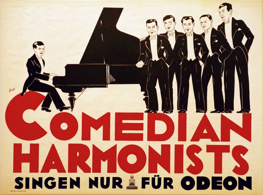 Werbemaßnahmen für Interpret und Plattenfirma wurden eng miteinander verzahnt - hier ein Plakat von Friedl für die Comedian Hamonists / Odeon, ca. 1929, Deutsches Plakat Museum Essen