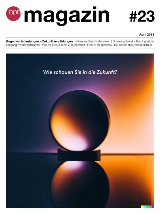 Farbgrafik: Zu sehen ist ein Hintergrund mit Farbverlauf von Dunkelviolett oben links über Orange nach Hellgelb unten rechts. Vor dem Hintergrund ist schemenhaft eine Glaskristallkugel zu sehen, die auf einer Oberfläche liegt.